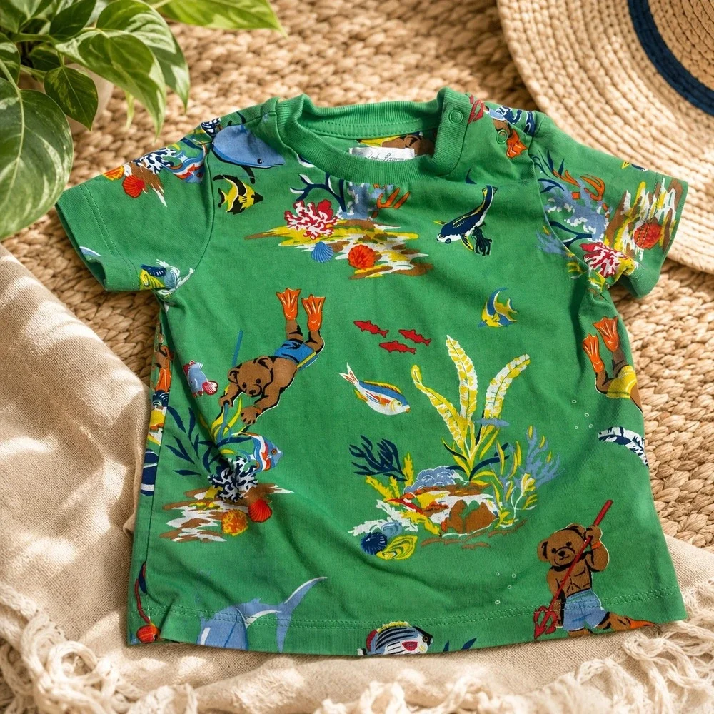 Ralph Lauren Polo Bear Scuba Diving Green Baby T-Shirt 9M Underwater Print
